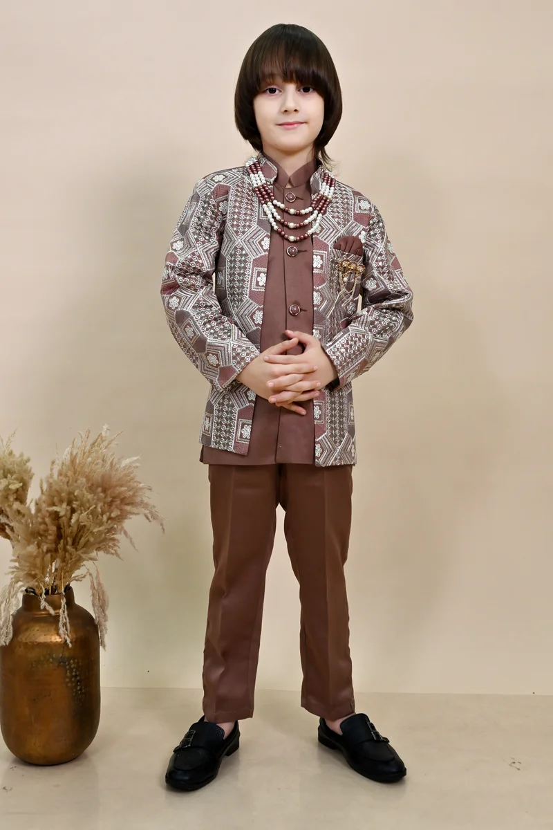 BT DEZINES Boys Coffee Brown Sherwani & Trousers Set